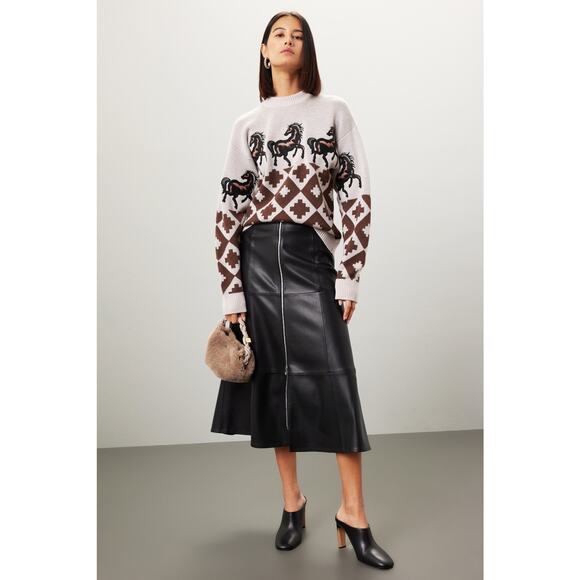 AUTUMN ADEIGBO Brown Horse Printed 100% Virgin Wool Marla Turtleneck Top Small - Picture 1 of 14
